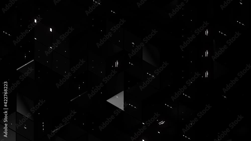 Poster 3d render of dark cubes with animated textures on their sides. technology theme background. loopable