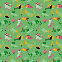 Seamless patternt with doodle cats and dogs in urban landscape. Background with pets  in cute doodle sketchy style. Vector illustration for backdrops, surfaces, wrapping, fabric, prints - 422768410