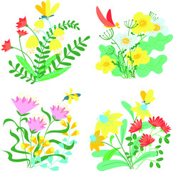 Set with flower and leaves. Bouquettes with floral elements  in cute doodle style. Vector illustration for spring and summer seasons with flying insects - 422768467