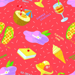 Seamless patternt with summer objects. Background with ice cream, flip flop, hat and cocktail  in cute cartoon style. Vector illustration for seasonal designs, backdrops, surfaces - 422768607