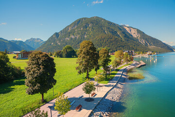 lookout point Pertisau, view to lake Achensee and lakeside promenade and road