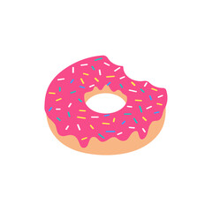 Vector Pink Donut Strawberry Flavor Bitten Sprinkle the crust on top. Isolated on white background