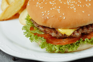 hamburger with fries and salad on the plate