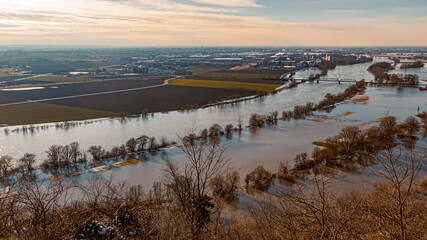 Beautiful far view of a flooded winter landscape at the famous Bogenberg, Danube, Bavaria, Germany