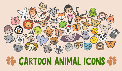 Funny collection of animals and birds vector icons. Zoo website avatars.  Mammal head cute stickers set. Can be used as a logo or mascot .