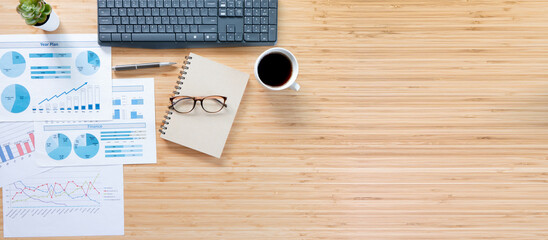 Flat lay top view copy space. Overhead View Of Businessman Working At Computer In Office. Business...