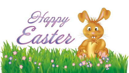 Ein frecher Hase in einer Blumenwiese mit Text Happy Easter.