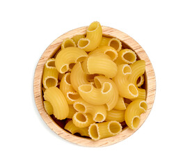 raw macaroni pasta with wooden bowl isolated on white background