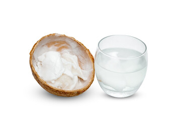 coconut flakes and juice in glass cup isolated on white background ,include clipping path