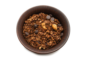 Chocolate granola cereal with nuts in a bowl background.