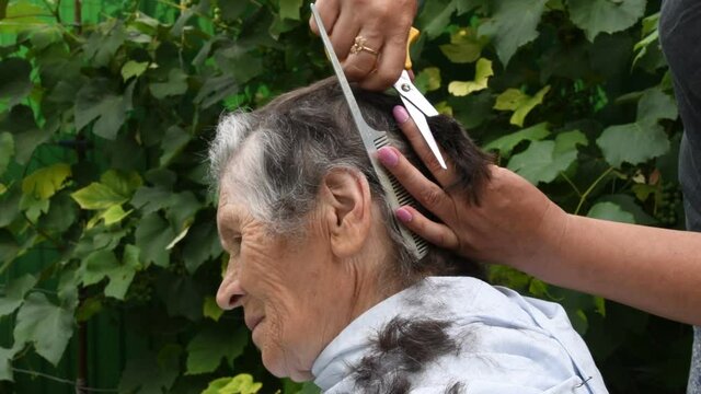 Female hands hold comb and scissors to cut short hair. Side portrait of wrinkled face 80s senior woman chat while homemade haircut at backyard during stay at home in quarantine COVID-19 pandemic