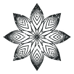 Flower vector icon. Blossom symbol with grunge texture. Flora leaf stamp sign. Abstract geometric ornament pattern. Decorative mandala bloom art logo. Isolated on white background.
