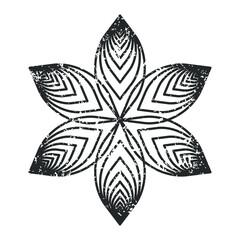 Flower vector icon. Blossom symbol with grunge texture. Flora leaf stamp sign. Abstract geometric ornament pattern. Decorative mandala bloom art logo. Isolated on white background.
