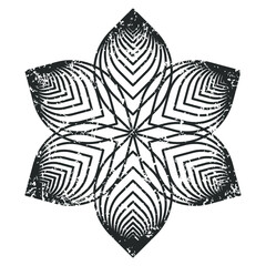 Flower vector icon. Blossom symbol with grunge texture. Flora leaf stamp sign. Abstract geometric ornament pattern. Decorative mandala bloom art logo. Isolated on white background.
