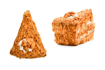 Peace of honey cake isolated on white background.