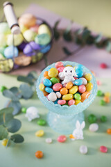 Fototapeta na wymiar Pastel Easter decorations with bunny