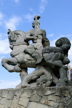Monument to Prince Svyatoslav on a horse carved out of stone Kyiv, Ukraine