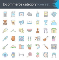 Shop category outline icons set. Shopping and e-commerce thin line colorful icons
