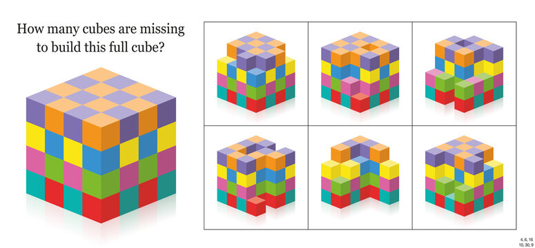 How many cubes are missing to build a full cube? 3d spatial perception exercise. Colorful game to count the gaps, holes, blanks. Solution at the bottom. Vector illustration on white.
