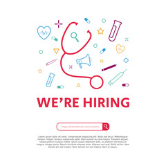 Hiring recruitment design for social media post. Job vacancy template for medical team, healthycare, hospital,etc. Creative announcement flyer with a megaphone, stethoscope, syringe, capsule icons