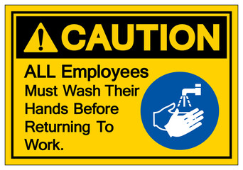 Caution ALL Employees Must Wash Their Hands Before Returning To Work Symbol Sign,Vector Illustration, Isolated On White Background Label. EPS10