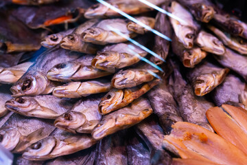 dried fish chekhon on the counter of the store