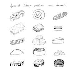 Set of Spanish pastries and desserts, vector illustration, hand drawing, sketch