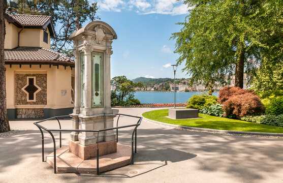 View of historic limnimeter in Parco Ciani in Lugano, used to measure the water height of the lake Lugano, Ticino, Switzerland