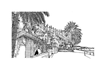 Building view with landmark of Palma is the  city in Spain. Hand drawn sketch illustration in vector. © dhanu3182