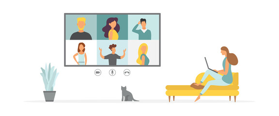 Online Virtual Meetings. Work from Home WFH During Coronavirus COVID-19 Pandemic Outbreak. Teleconference TV. Video Conference Webinars or Remote Working. Vector.