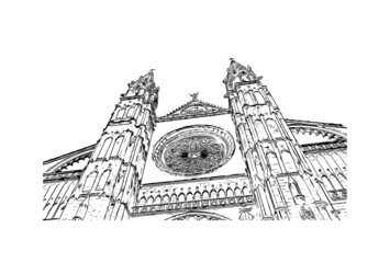 Building view with landmark of Palma is the  city in Spain. Hand drawn sketch illustration in vector. © dhanu3182