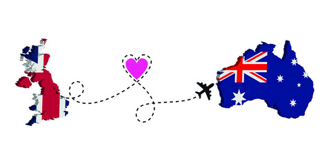 Travel from United Kingdom to Australia by passenger plane. Airplane route. Freedom to travel. I love traveling by plane.