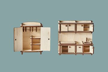 Cute small toy wardrobe and kitchen set made of ply wood details cut with laser machine tool...