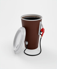 Paper cup of coffee with dispenser on white. Metaphor coffee is power for people. Creative render 3d illustration