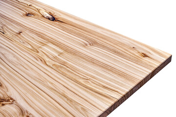 Live edge elm desk countertop on white background. Close-up