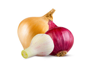 Culinary concept. Onion, onion and new fresh garlic isolated on white. High detail, excellent retouching