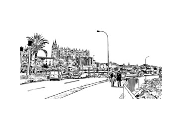 Building view with landmark of Palma is the  city in Spain. Hand drawn sketch illustration in vector. © dhanu3182