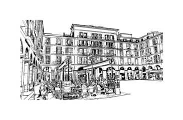Building view with landmark of Palma is the  city in Spain. Hand drawn sketch illustration in vector. © dhanu3182