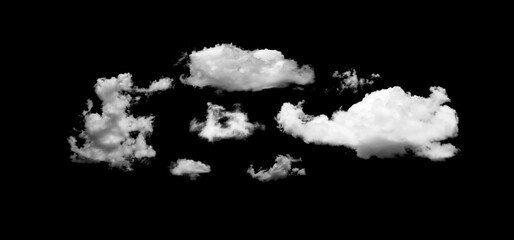 White fluffy clouds on a black sky background. Illustration