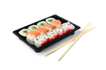 Sushi rolls in black box isolated on white background.