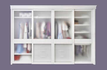 Large modern built-in wardrobe with matte glass on sliding doors isolated on a purple background