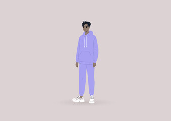 Quarantine fashion, a young male Black character wearing oversize sportswear, a hoodie and a pair of sweatpants of the same color, modern urban lifestyle