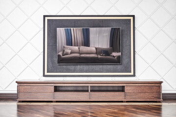 Elegant new cabinet for TV set made of veneer and solid oak lumber toned in dark brown color near molded wall in light room