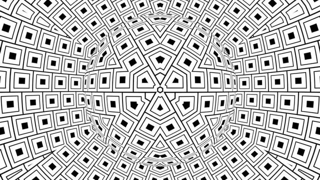 Black and white monochrome optical illusion with geometric pattern, surreal hypnotic seamless looping motion background, psychedelic trendy decorative unreal illusory delusion 3d render animation