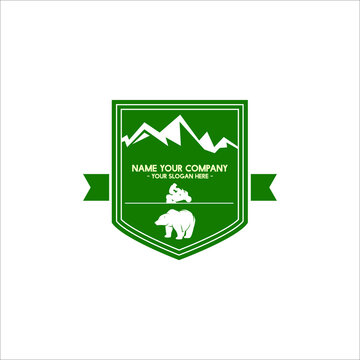 mountain badge symbol logo with vehicle and bear silhouette 
