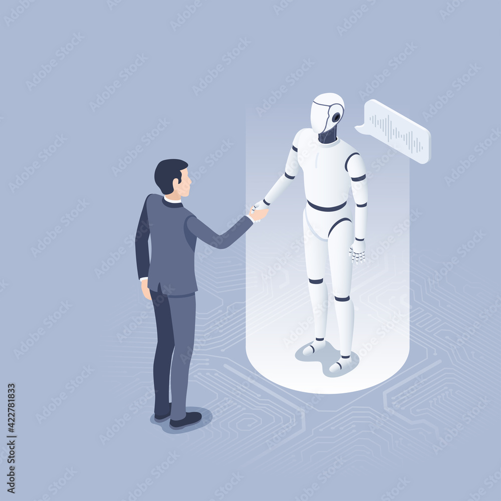 Poster isometric vector illustration on gray background, man and robot making handshake, future technologie