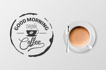 Vector 3d Realistic White Metal Enamel Mug with Foam Coffee - Capuccino, Latte - Isolated. Coffee Cup with Typography Quote, Phrase about Coffee. Stock Illustration. Design Template. Top View