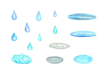 Watercolor set blue raindrops and puddles isolated on a white background. Cartoon rain. Baby shower. Bad weather. Heavy rain. Hand-drawn illustration