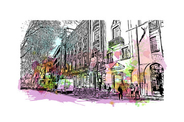 Building view with landmark of Palma is a resort city and capital of the Spain. Watercolour splash with hand drawn sketch illustration in vector. © dhanu3182