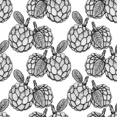 Vector hand drawn seamless pattern of cherimoya. Sugar apple pattern. Tropical objects. Use for restaurant, menu, smoothie bowl, market, store, party decoration, meal